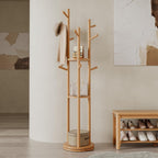 Solid Wood Rotary Coat Rack, Freestanding Coat Rack with 3 Shelves and 9 Hooks, Coat tree for Bedroom, Entryway, Livingroom, Coat Hanger Stand for Coats, Scarves, Handbags (Walnut)