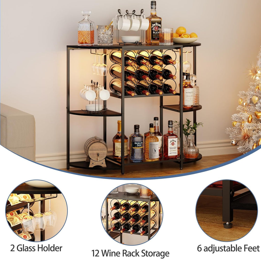 JKsmart Wine Bar Cabinet with LED Lights, Mini Wine Bar Cart with Storage and Glass Holder, Home Bar Coffee Bar for Liquor, 3-Tier Bar Table for Kitchen, Dining Room, Living Room, Black