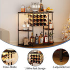 JKsmart Wine Bar Cabinet with LED Lights, Mini Wine Bar Cart with Storage and Glass Holder, Home Bar Coffee Bar for Liquor, 3-Tier Bar Table for Kitchen, Dining Room, Living Room, Black