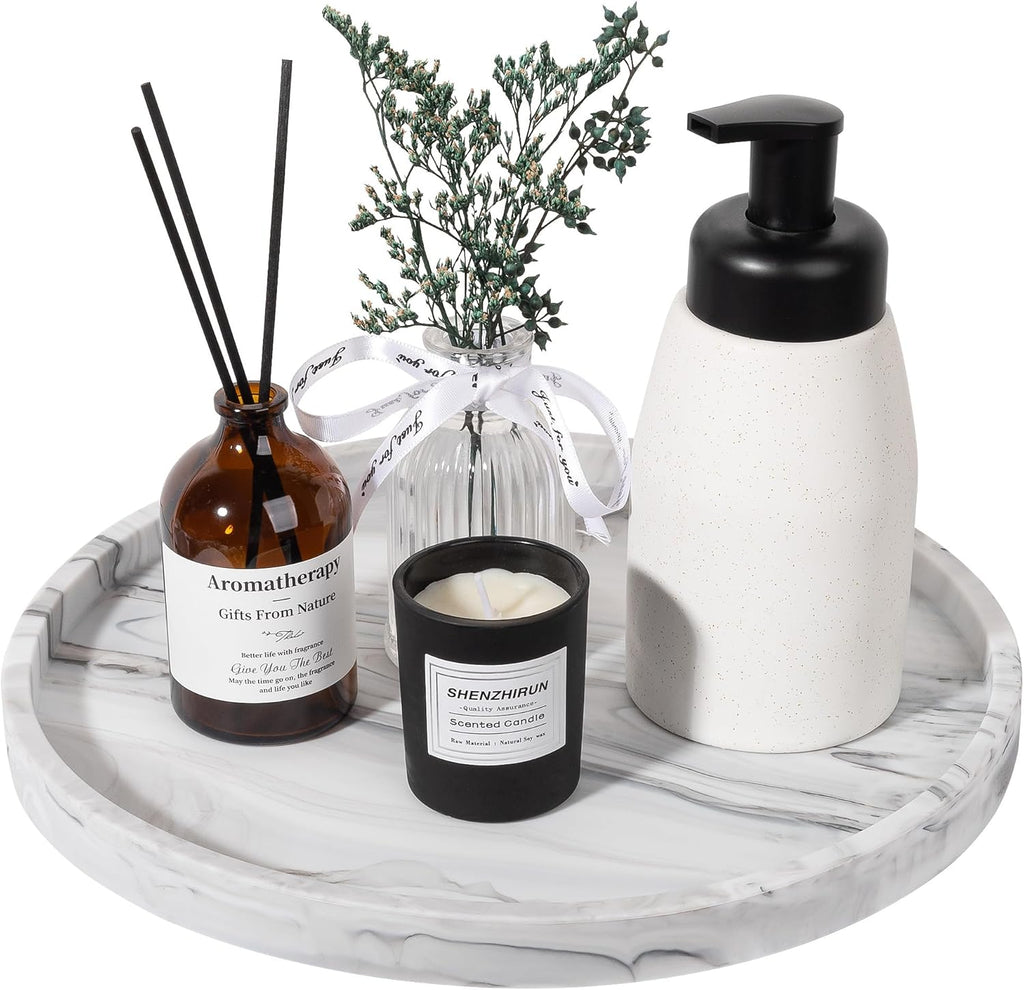 Silicone Bathroom Tray Round Vanity Tray Decorative Soap Holder Kitchen Countertop Organizer Coffee Table Decor for Candle, Perfume, Plant, 9 Inch, Black