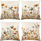 wyooxoo Throw Pillow Covers 18x18 Set of 4 Decorative Spring Pillow Covers Linen Flower Butterfly Farmhouse Pillowcases for Sofa Couch Living Room Outdoor