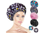 Shower Cap for Women Set of 4, Bath Caps, Double Layers Hair Caps + 2 Satin Hair Scrunchies, Reusable Waterproof Shower Caps, Elastic Hair Cap for Shower - Pattern A