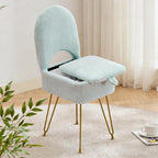 White Vanity Chair with Storage, Folding Back Faux Fur Vanity Stool, Makeup Ottoman with Gold Legs for Bedroom/Bathroom