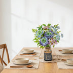Fake Flowers in Vase Blue Faux Flowers Bush Bouquet Plant Flower Arrangements with Woven Glass Vase Artificial Flower Floral Bulk Bouquet Home Decor Bathroom Table Centerpiece Decorations