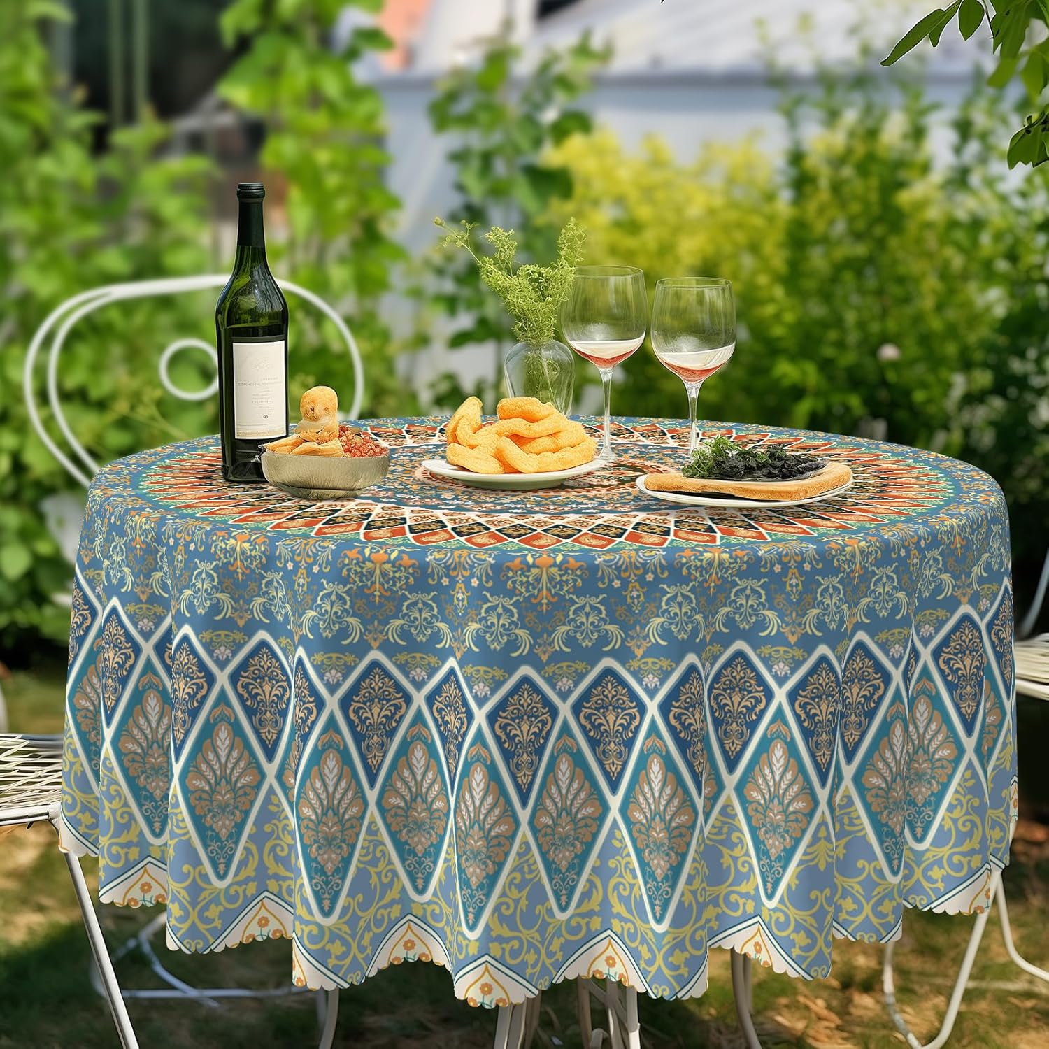 Bohemia Round Tablecloth,Tablecloth Waterproof and Wrinkle-Free, Boho Table Covers, Summer Decorations for Home 60inch