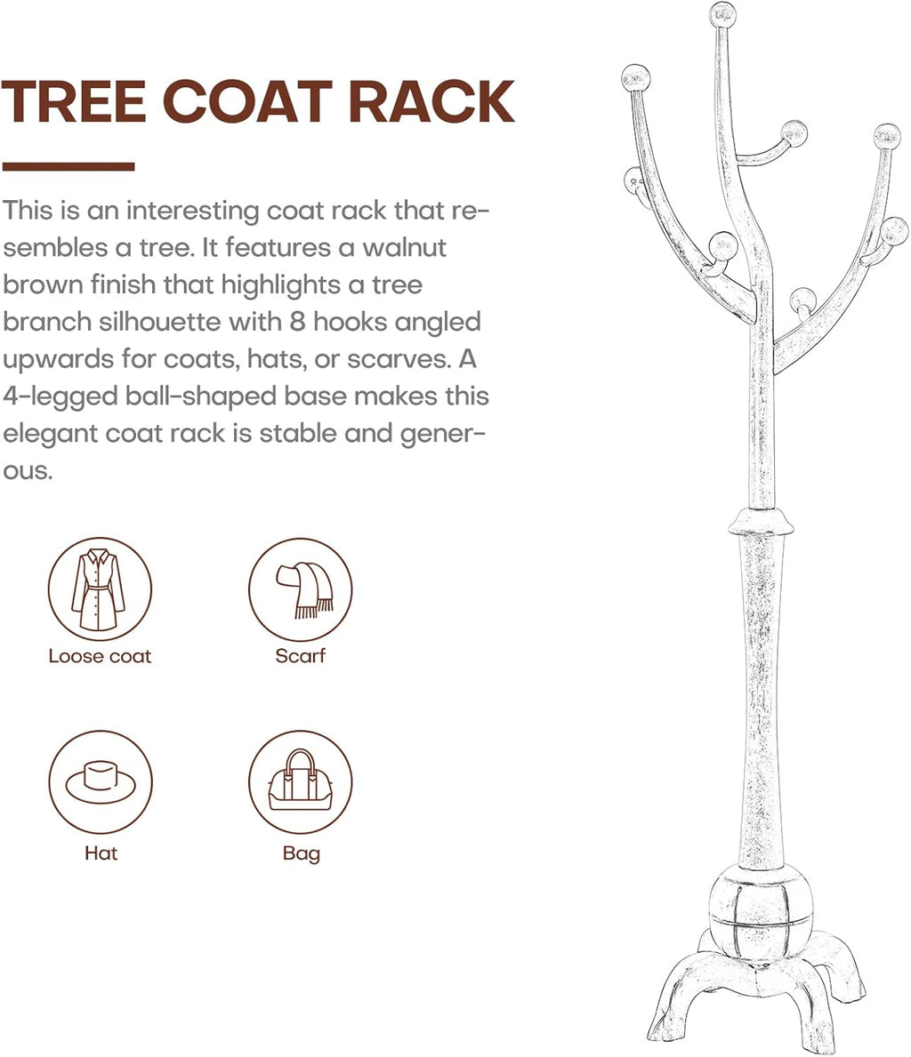 Coat Rack Freestanding Wood Coat Tree Rack with 8 Hooks, Creative Design Tree Branch-look, Standing Coat Rack Clothes Hanger Stand with Stury Base for Entryway, Hallway, Bedroom - Load 160lb (Walnut)