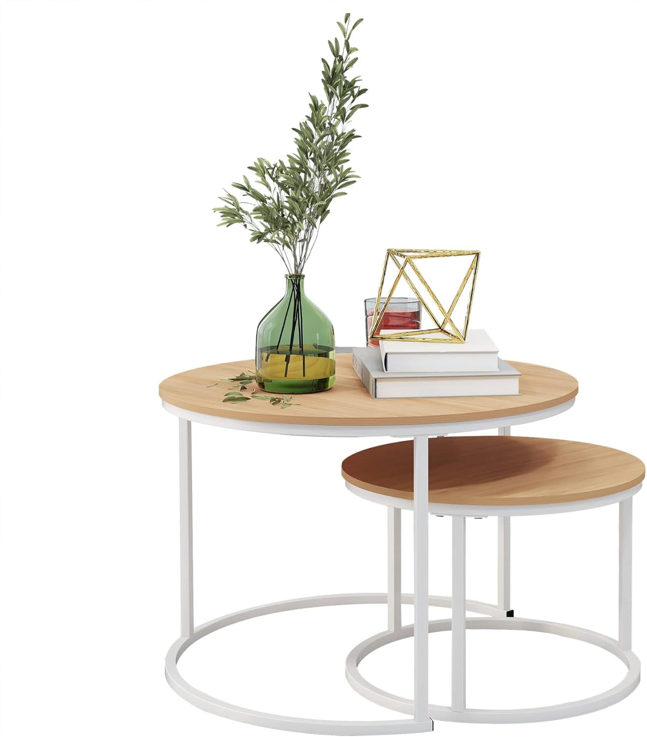 HOJINLINERO Round Coffee Table,Nesting Coffee Table Set of 2,Center Tables for Living Room,Office, Home Small Space,Stacking Side Tables,Sturdy and Easy Assembly,Wood Desktop,Brown,Large
