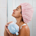 Reusable Shower Cap for Women, Large Waterproof Shower Bonnet Washable Elastic Band Bath Hair Hat for Long Hair, Braids(Pink)