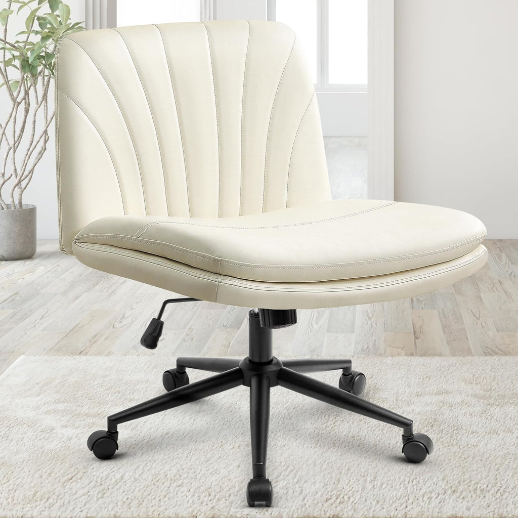 Chair Wheels Wide Cross Legged Office Desk Vanity Chair Comfy Fabric Armless Adjustable Swivel for Home Computer Task (Beige Wheel, Fabric)