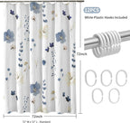 Watercolor Floral Shower Curtain, 3D Embossed Butterflies Grey Beige Flower Bathroom Curtains, Minimalist White Cloth Bath Curtain, Waterproof Fabric Textured Shower Curtain Set with Hooks, 72x72