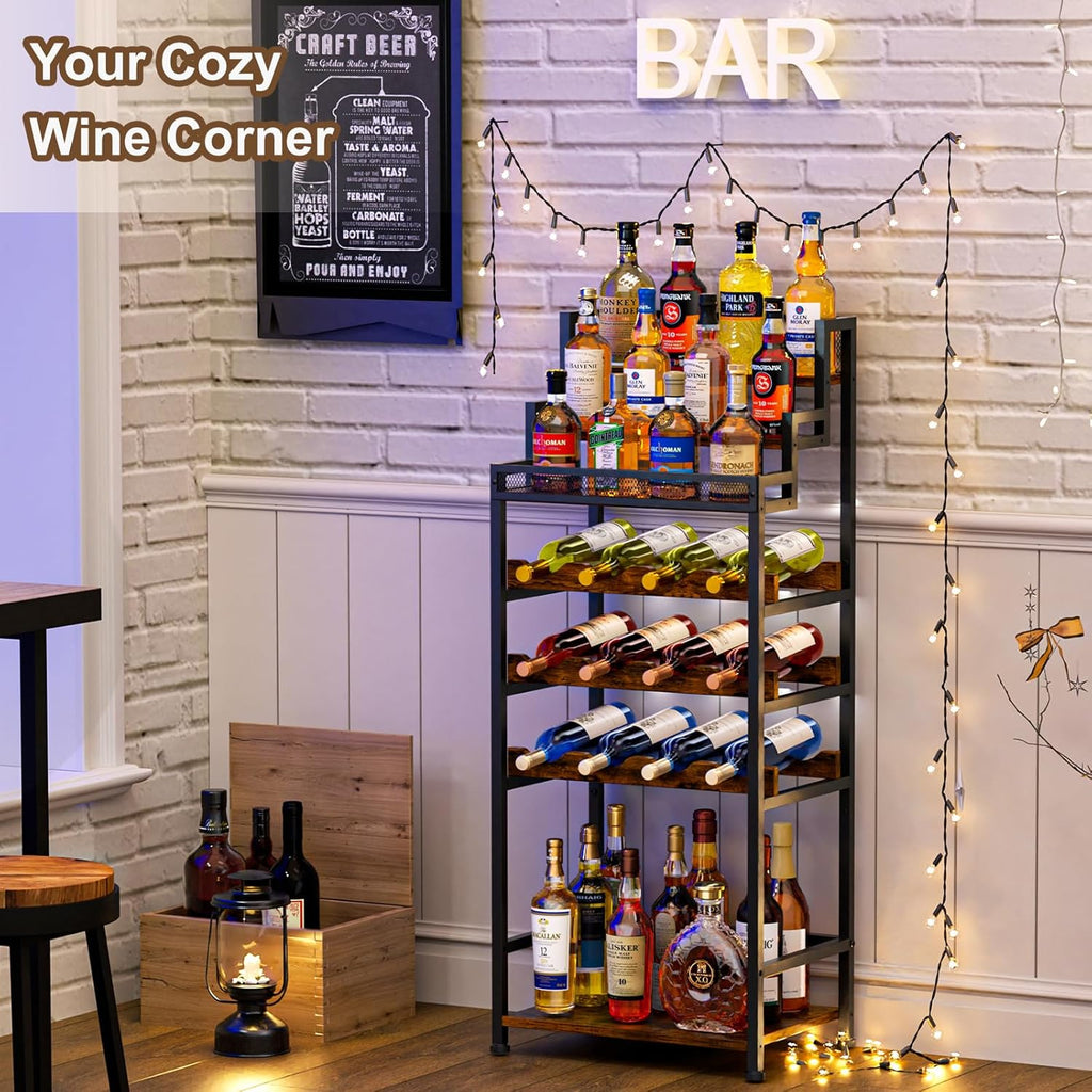 Tiered Wine Rack and Liquor Cabinet, Large Capacity Freestanding Floor Wine Storage Shelf for Red Wine, Champagne & Whiskey, Stepped Bottle Display Stand for Home Bar, Living Room, Corner, Dining Room