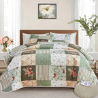 Quilt Set Full/Queen Size, 3 Pieces Green Floral Plaid Summer Bedspread Coverlet Set, Soft Microfiber Reversible Lightweight Bed Cover for All Season (90" x 90", 1 Quilt+ 2 Pillow Shams)