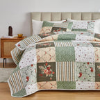 Quilt Set Full/Queen Size, 3 Pieces Green Floral Plaid Summer Bedspread Coverlet Set, Soft Microfiber Reversible Lightweight Bed Cover for All Season (90" x 90", 1 Quilt+ 2 Pillow Shams)