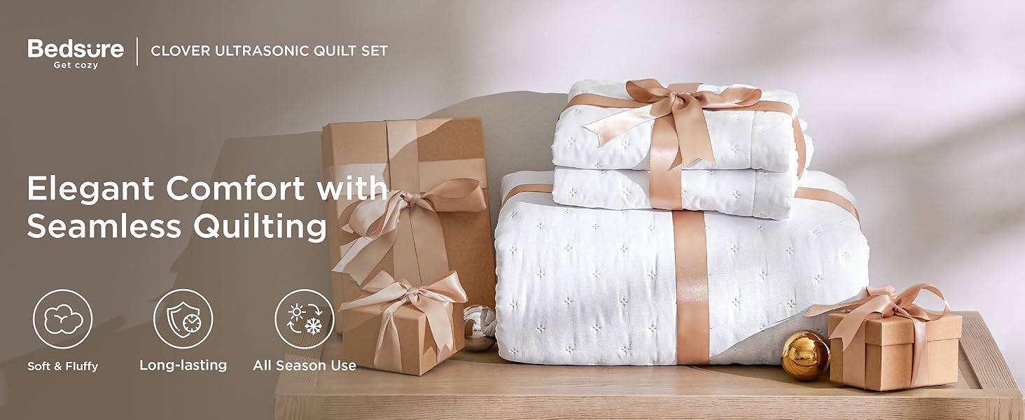 Quilts Queen Size - Bright White Bedspread Queen Size & Lightweight Comforter, Modern Coverlet with Clover Pattern, Ultra Soft All-Season Bedding, 90 x 96 Inches | Stitch-Free Quilting, Lightweight, Summer Bedding Set, Machine Washable, Pet-Friend