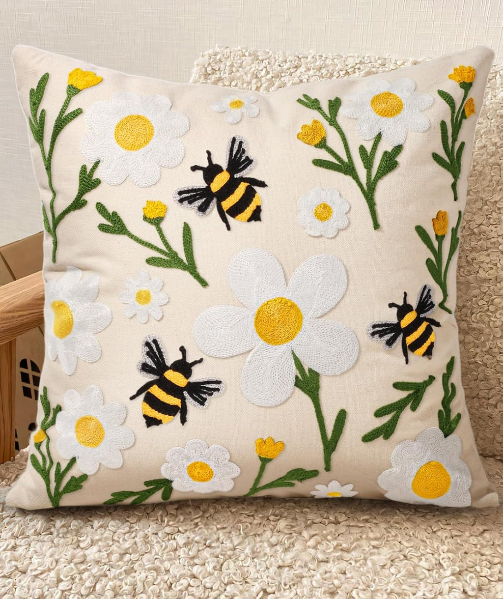 Embroidered Throw Pillow Cover 18x18 Inch - Spring Summer Boho Decorative Pillow Cover with Zipper for Living Room Couch Sofa Bed Aesthetic Design Flower Cluster Cushion Pillowcase