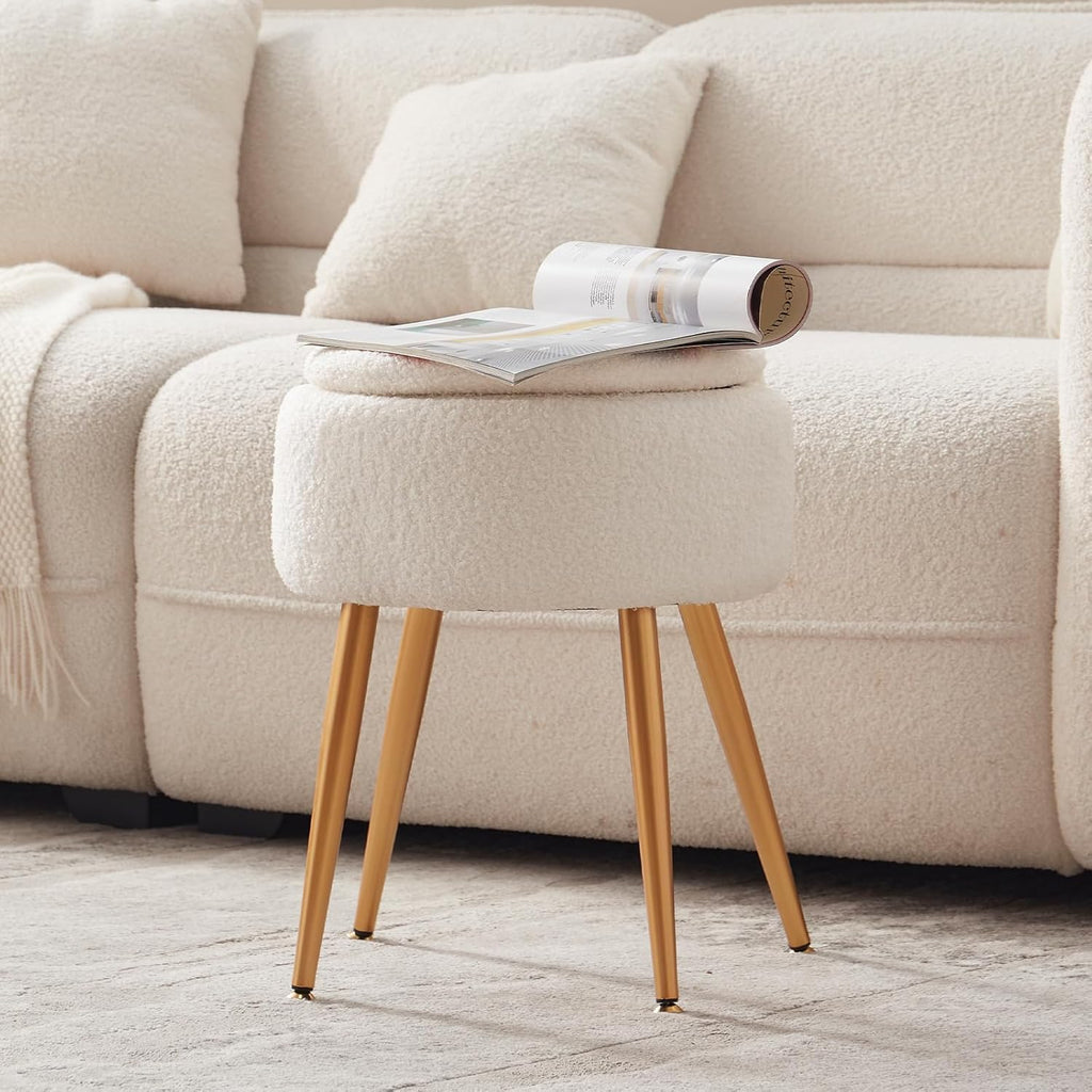 Small Vanity Stool Chair with Storage and Folding Back,4 Metal Legs with Anti-Slip Feet,Round Ottoman with Velvet Seat, Furry Padded Seat for Makeup, Bedroom (Black, Small)