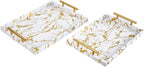 Modern Decorative Tray Set of 2 Ivory Shagreen Leather and Wood Serving Tray with Gold Polished Metal Handles for Ottoman, Coffee Table, Bathroom and More