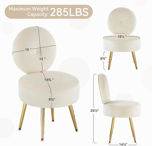 Armless Vanity Chair for Makeup Room, Velvet Vanity Stool with Back, Living Room Chair with Solid Metal Legs for Bedroom, Study Room, Vanity(Khaki)