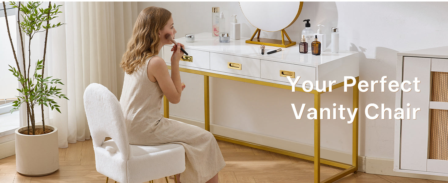 White Vanity Chair with Storage, Folding Back Faux Fur Vanity Stool, Makeup Ottoman with Gold Legs for Bedroom/Bathroom