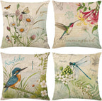 wyooxoo Throw Pillow Covers 18x18 Set of 4 Decorative Spring Pillow Covers Linen Flower Butterfly Farmhouse Pillowcases for Sofa Couch Living Room Outdoor