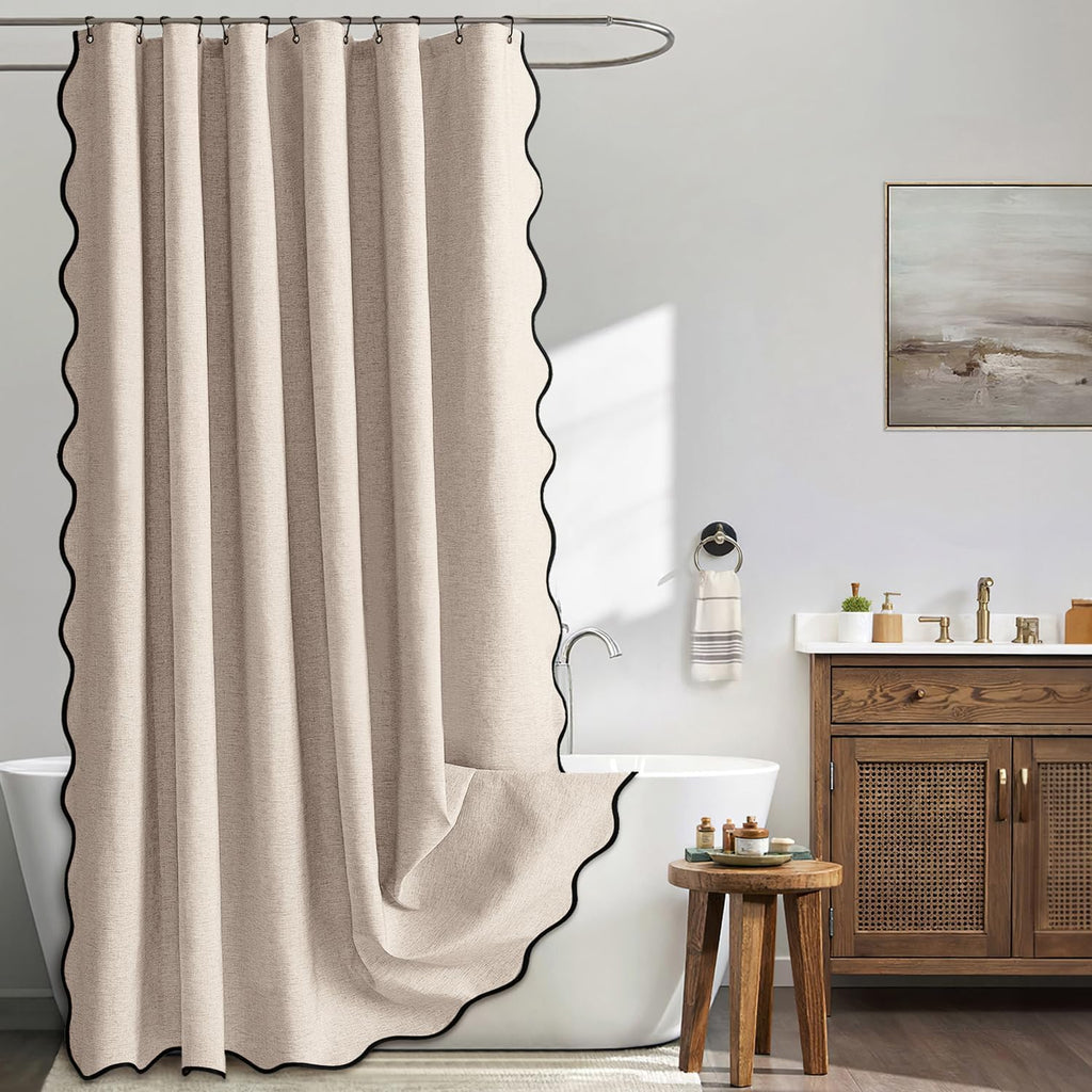 Beige Scalloped Shower Curtain Linen Textured with 12 Metal Hooks Cute Heavy Duty Washable Waterproof Neutral Thick Cloth Shower Curtains with Black Border for Bathroom Bathtub,W72*L72 Cream