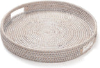13.8 inch Round Rattan Tray, Decorative Coffee Table Tray, Ottoman Tray, Woven Serving Tray with Handles, Wicker Serving Basket, Whitewash