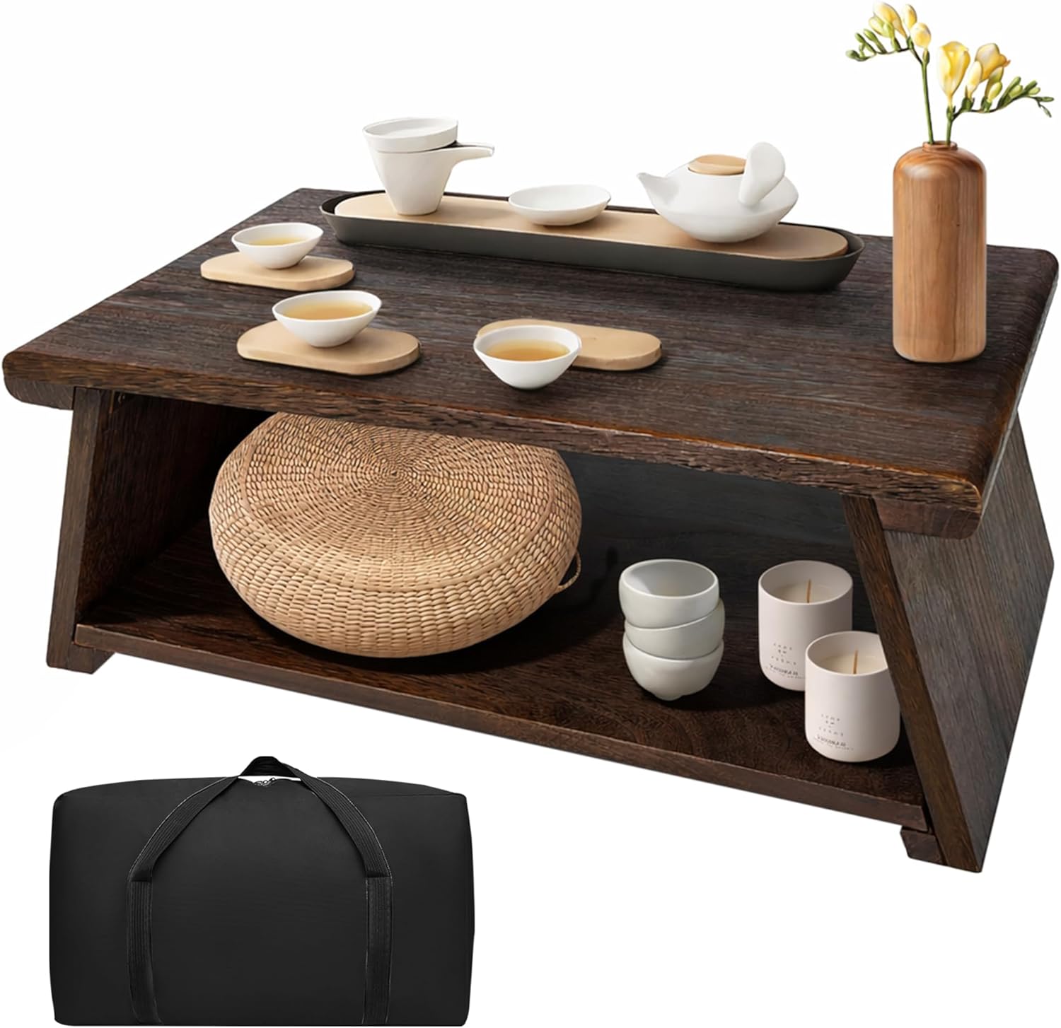 Japanese Low Floor Table Folding Coffee Tables,23''x13.5'' Paulownia Wood Tables Tatami Tables Meditation Table Altar with Storage