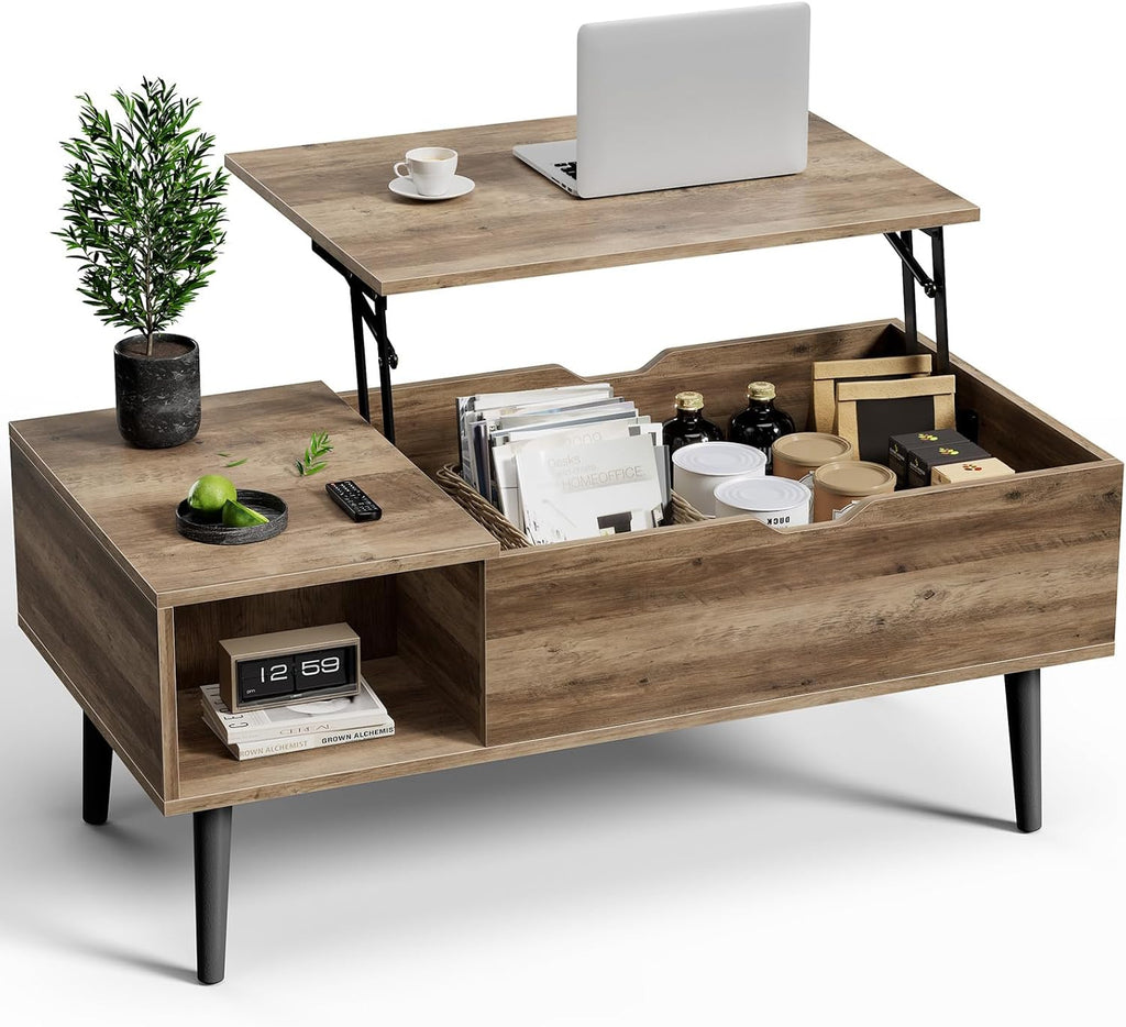 OLIXIS Wood Lift Top Coffee Table with Hidden Compartment and Large Storage Shelf, Lift Tabletop Dining Center Table for Home Living Room Office, Black