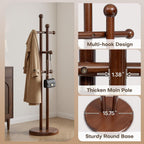 Coat Rack Freestanding, Wooden Coat Tree with 2 Main Rods, Heavy Duty Coat Hanger Stand with 15.75" Dia.Round Base, Walnut Standing Hall Tree for Bedroom Living Room, Clothes Jacket Bag Hat