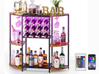 JKsmart Wine Bar Cabinet with LED Lights, Mini Wine Bar Cart with Storage and Glass Holder, Home Bar Coffee Bar for Liquor, 3-Tier Bar Table for Kitchen, Dining Room, Living Room, Black