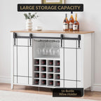 GAOMON Farmhouse Coffee Bar Cabinet 47", Buffet Cabinet with Sliding Barn Door, Coffee Bar with 4 Glass Hooks and 16 Wine Racks for Kitchen, Dining and Living Room, White