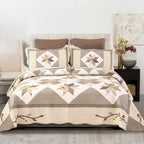 Quilts Queen Size Patchwork Bedspread Set - 100% Cotton Reversible Breathable Green Earth Geometric Quilted Quilt with Pillow Shams for All Seasons