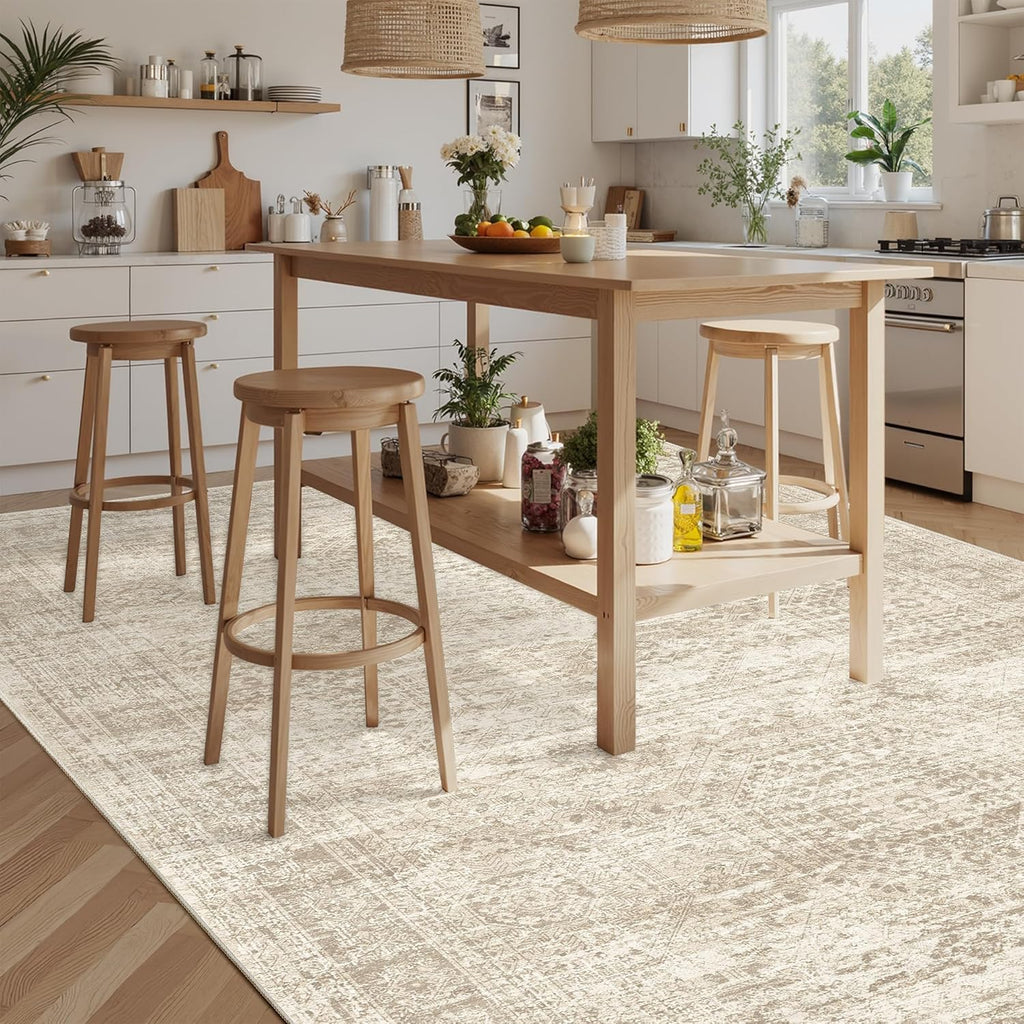 Soalmost Washable Area Rug 8x10, Large Soft Rugs for Living Room Vintage Beige Carpet 8x10 Area Rugs for Bedroom Dining Room Non-Slip Stain Resistant Under Table Rug
