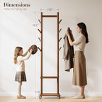 Solid Wood Coat Rack Freestanding - Rolling Clothes Rack with 8 Hooks & Shelves, Small Clothing Rack with Wheels, Heavy Duty Clothing Racks for Hanging Clothes, Portable Hall Tree for Entryway