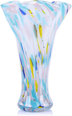 9.0" H Teal Glass Vases for Flowers, Unique Hand Blown Glass Vase Green Home Decor, Wide Mouth Colorful Flower Vase Centerpieces, for Living Room Table Bookshelf, Bathroom Office Shelf Decorative