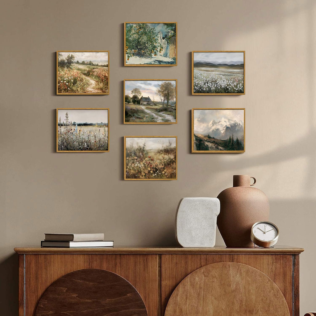 Framed Canvas Wall Art,Vintage Decor,Landscape Nature Country Wildflower Paintings Farmhouse Pictures Modern Artwork Rustic Fall Flower Prints Cottagecore Office Living Room Bedroom Bathroom