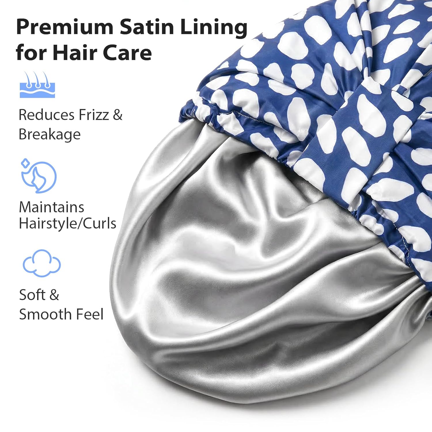 Luxury Shower Cap for Women Reusable Waterproof, Double Layered Shower Hair Cap with Adjustable Elastic Strap, Large Satin Lined Shower Bath Cap for Long Curly Straight Hair, Blue